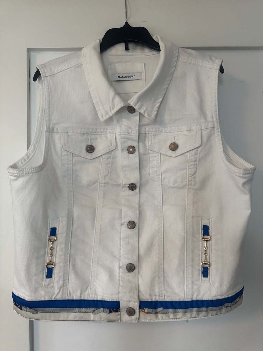 Malibu Road White Denim Vest with Print Scarf one of kind - Medium